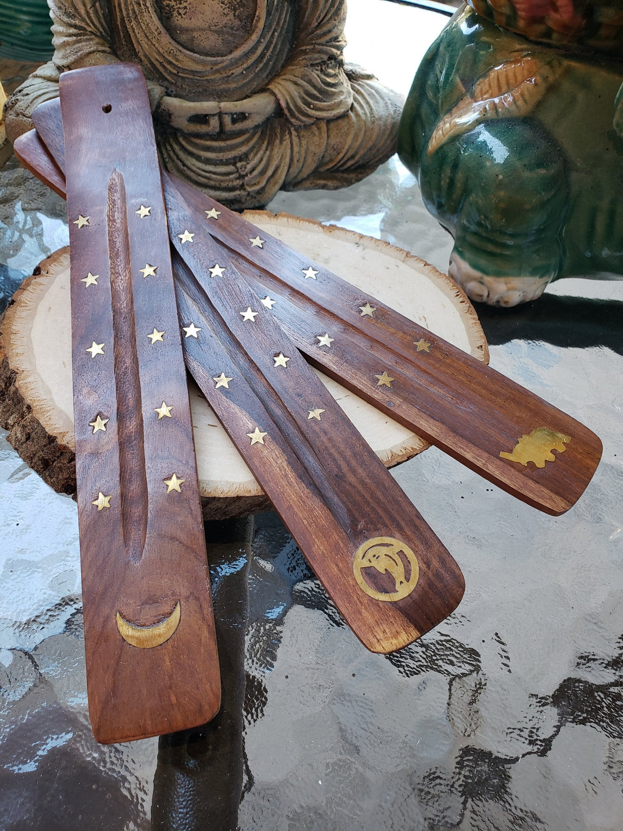 Hand Crafted Wooden Incense Burner: Ash Catcher with Elephant, Moon, Star