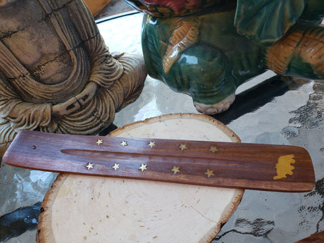 Hand Crafted Wooden Incense Burner: Ash Catcher with Elephant, Moon, Star