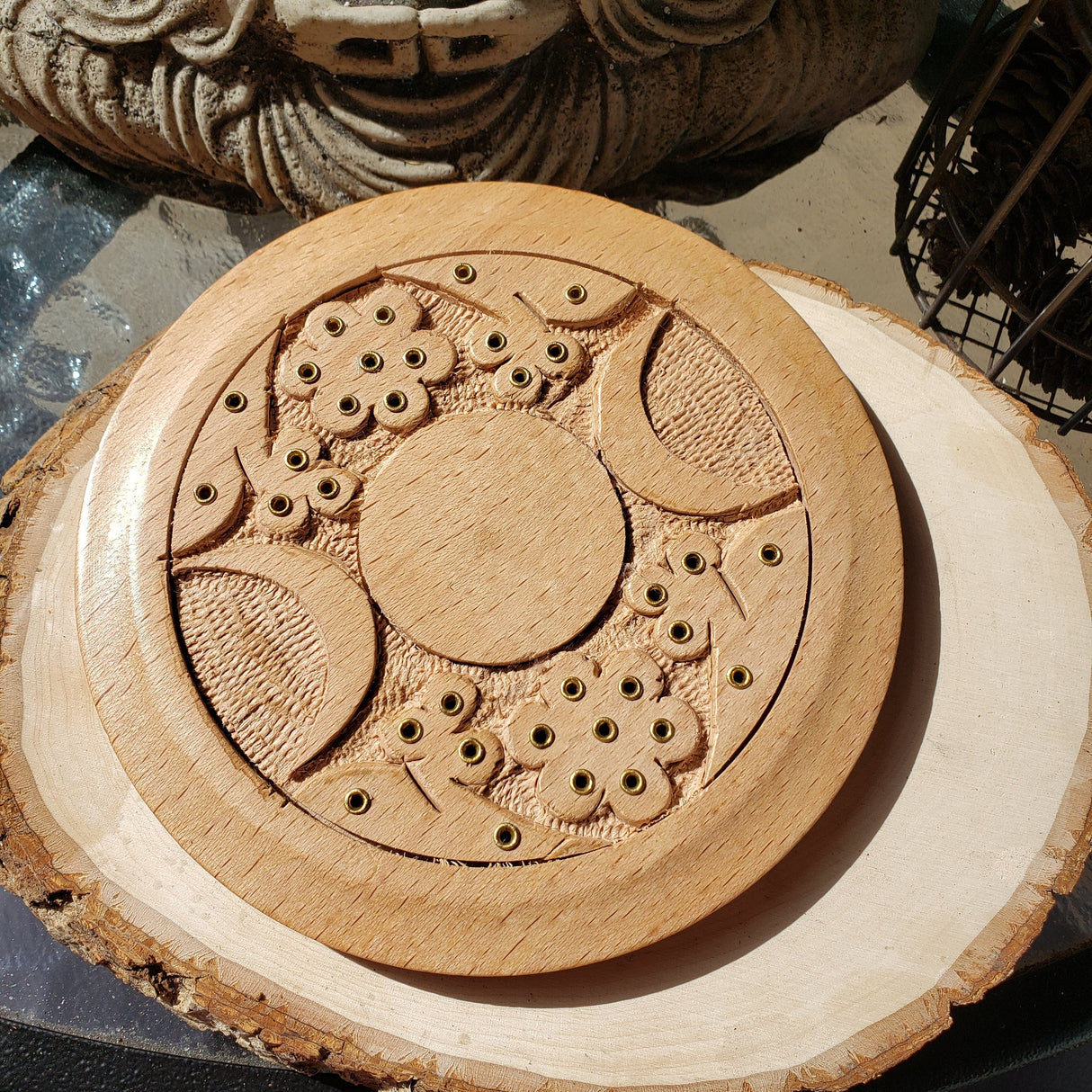 Triple Moon Handmade Carved Wood Stick Burner