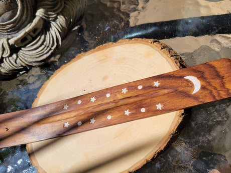 Hand Crafted Wooden Incense Burner: Ash Catcher with Elephant, Moon, Star