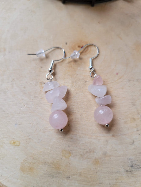 Bohemian Rose Quartz Crystal Earrings: Stacked Gemstone Dangle