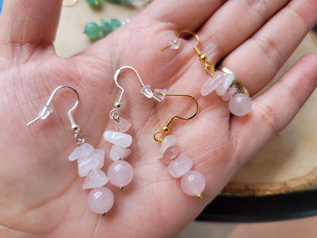 Bohemian Rose Quartz Crystal Earrings: Stacked Gemstone Dangle