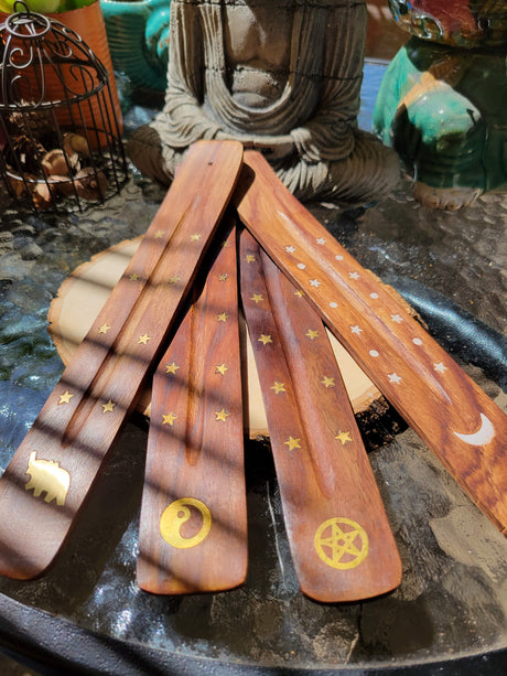 Hand Crafted Wooden Incense Burner: Ash Catcher with Elephant, Moon, Star