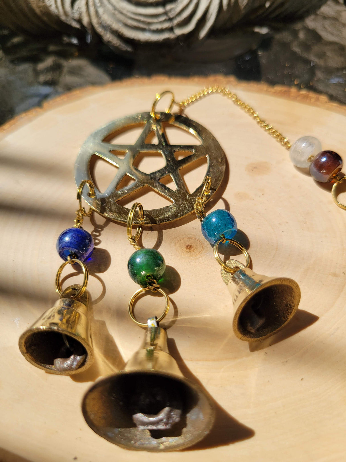 Brass Wind Chime with bells Pentacle / Witch Bells