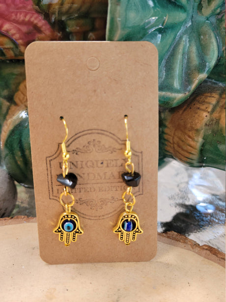 Evil Eye Hamsa Earrings: Black Tourmaline Crystal Protection
