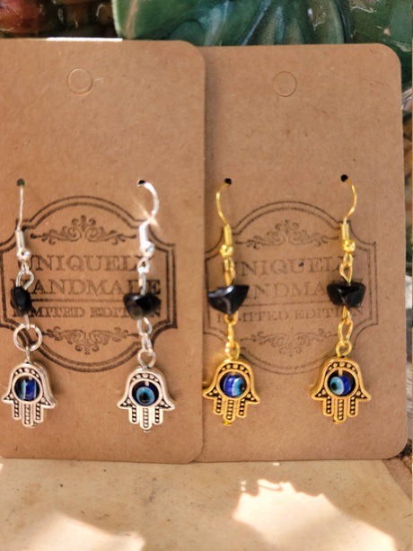 Evil Eye Hamsa Earrings: Black Tourmaline Crystal Protection