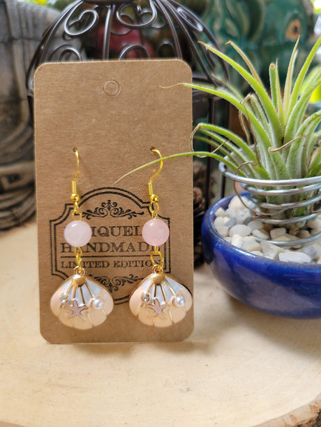Shell Dangle Earrings: Rose Quartz, Opalite & Tiger Eye Charms