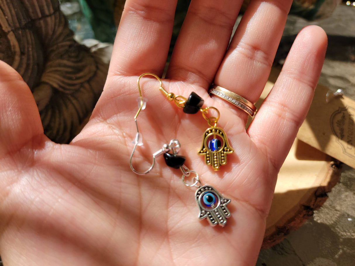 Evil Eye Hamsa Earrings: Black Tourmaline Crystal Protection