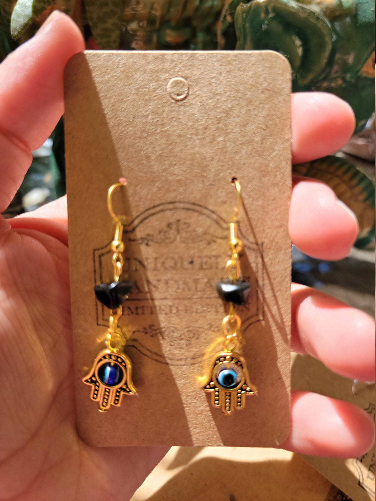 Evil Eye Hamsa Earrings: Black Tourmaline Crystal Protection