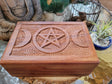 Triple Moon Pentagram Carved Wooden Box 4x6"- Wood Box- Triple Moon Box