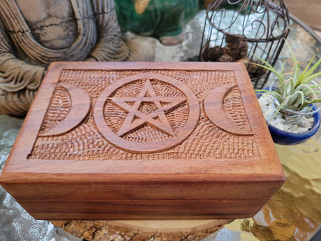 Triple Moon Pentagram Carved Wooden Box 4x6"- Wood Box- Triple Moon Box