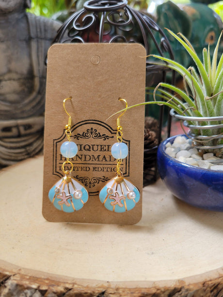 Shell Dangle Earrings: Rose Quartz, Opalite & Tiger Eye Charms