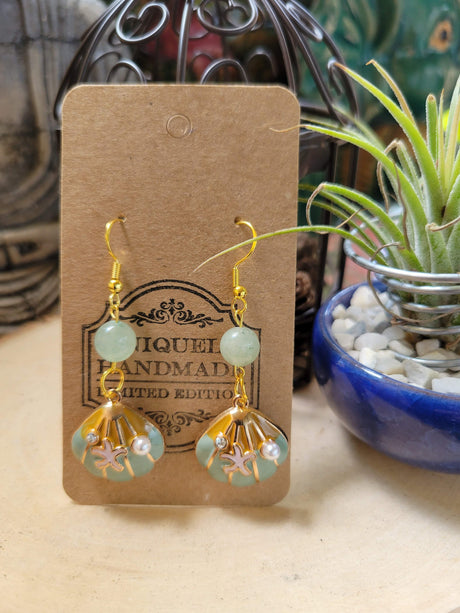 Shell Dangle Earrings: Rose Quartz, Opalite & Tiger Eye Charms