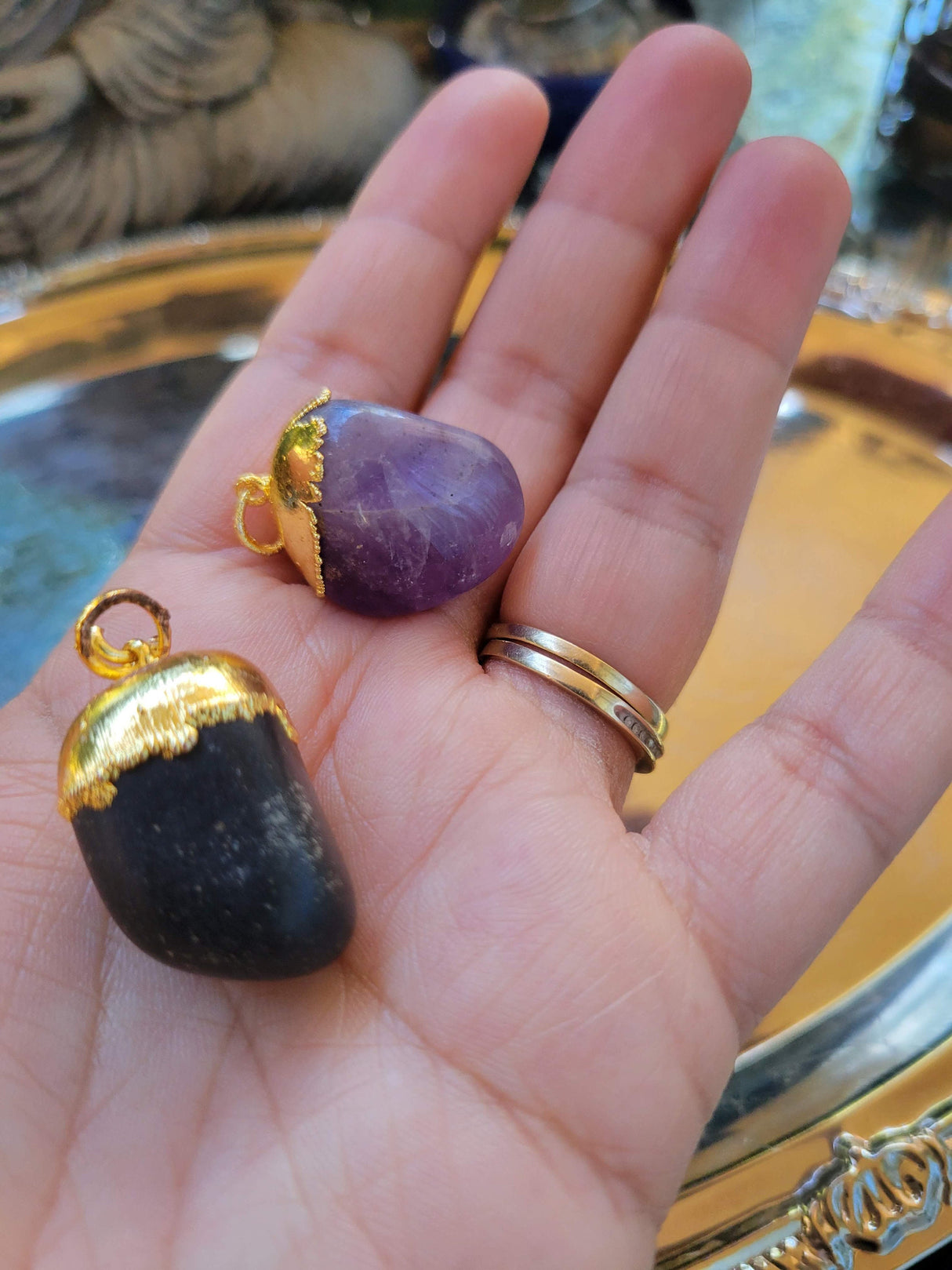 Handmade Black Tourmaline & Amethyst Crystal Pendant Necklace