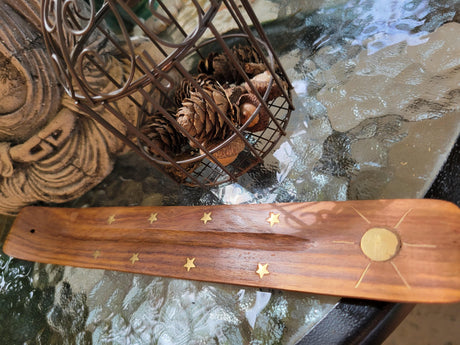 Hand Crafted Wooden Incense Burner: Ash Catcher with Elephant, Moon, Star