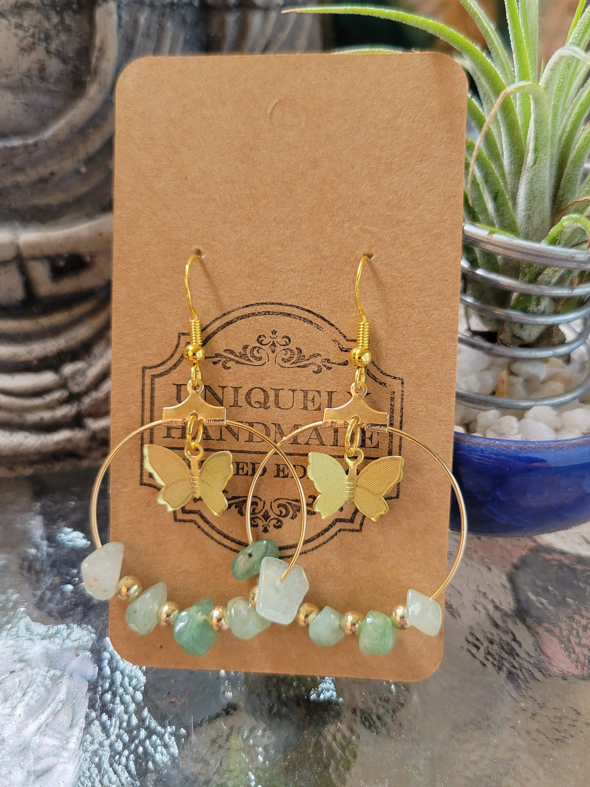 Bohemian Crystal Hoop Earrings: Butterfly Stone Jewelry