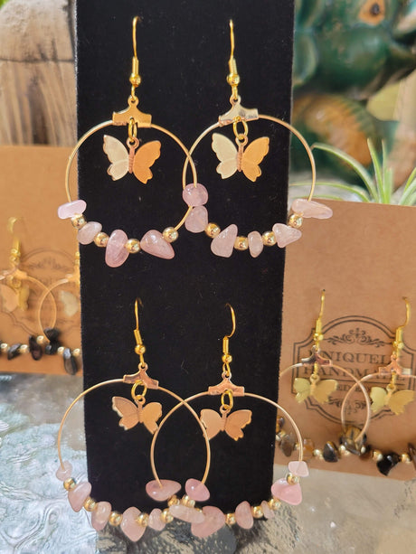 Bohemian Crystal Hoop Earrings: Butterfly Stone Jewelry