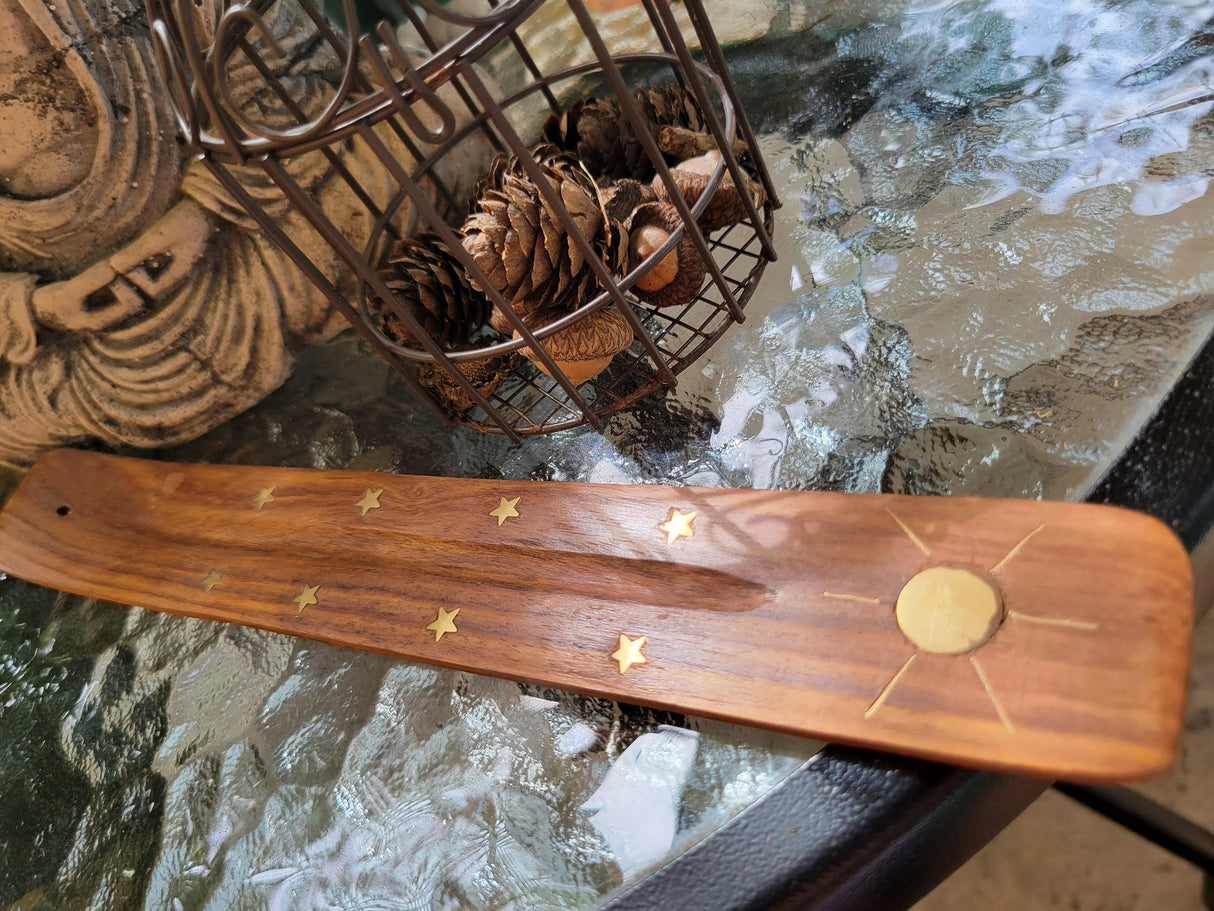 Hand Crafted Wooden Incense Burner: Ash Catcher with Elephant, Moon, Star
