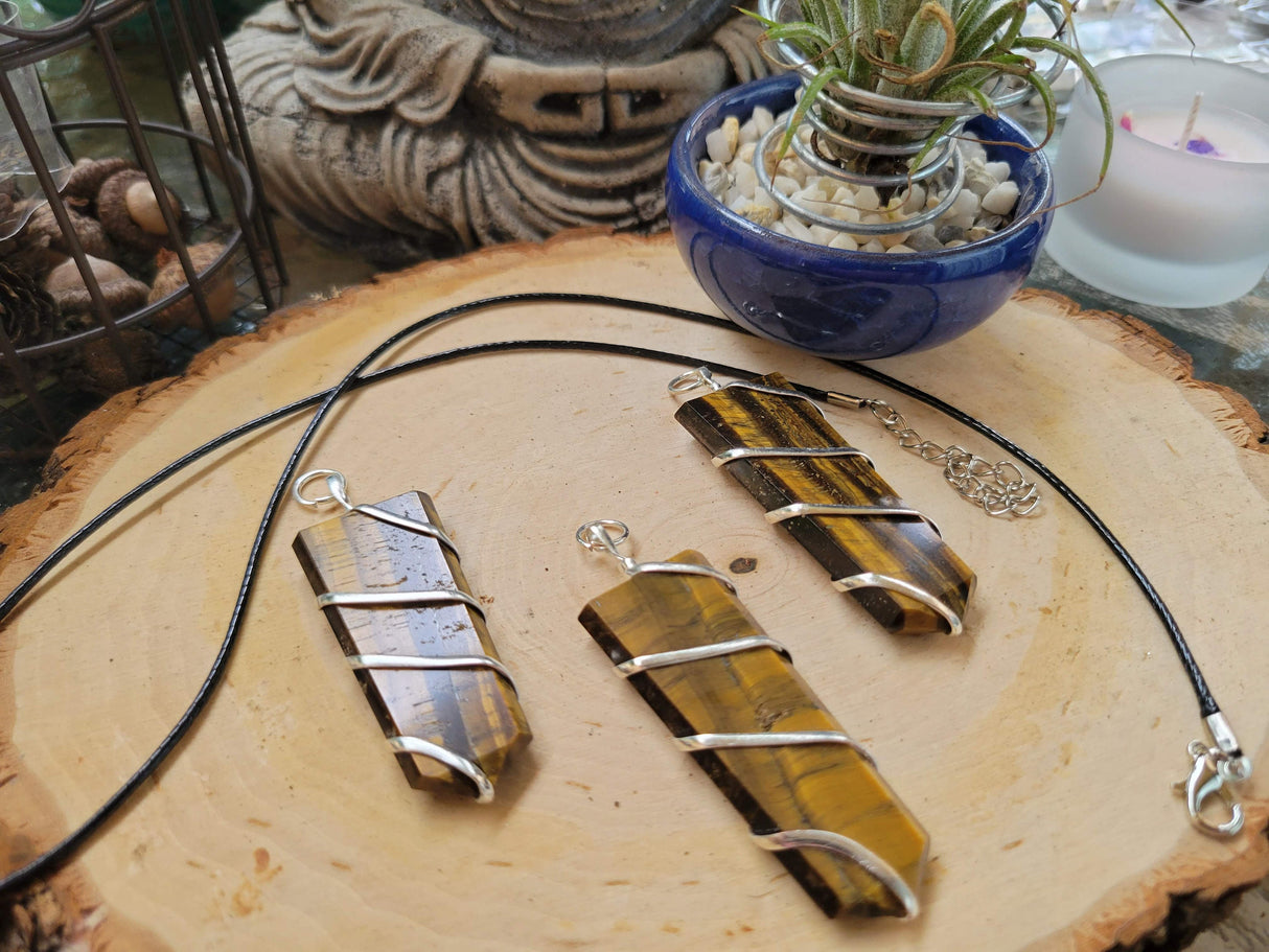 Wire Wrapped Tiger Eye Pendant with Cord: Crystal Jewelry
