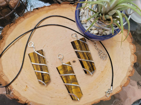 Wire Wrapped Tiger Eye Pendant with Cord: Crystal Jewelry