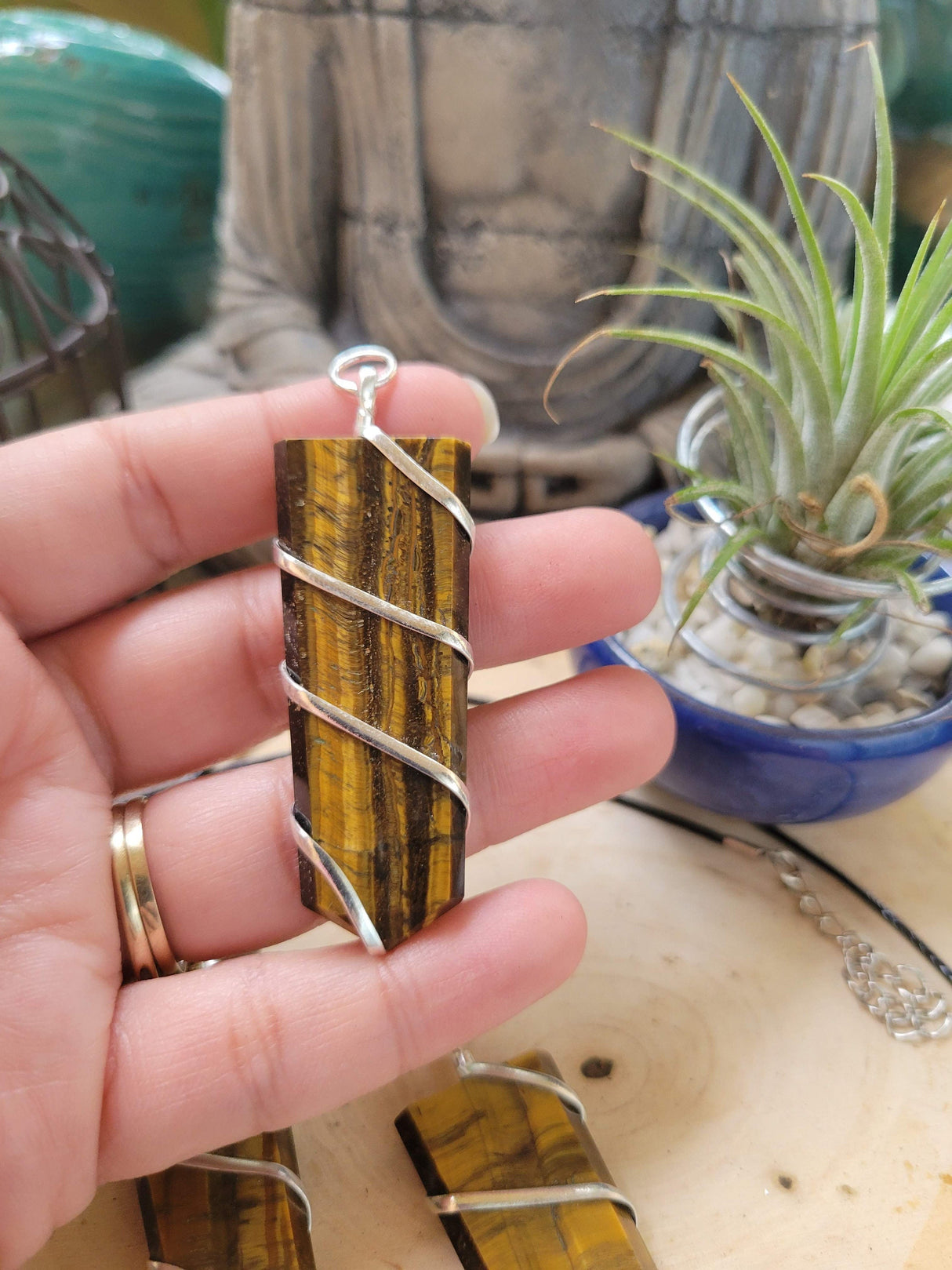 Wire Wrapped Tiger Eye Pendant with Cord: Crystal Jewelry