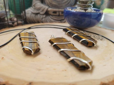 Wire Wrapped Tiger Eye Pendant with Cord: Crystal Jewelry