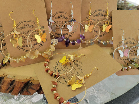 Butterfly Hoop Earrings: Crystal Chips, Hypoallergenic Jewelry