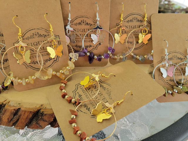 Butterfly Hoop Earrings: Crystal Chips, Hypoallergenic Jewelry