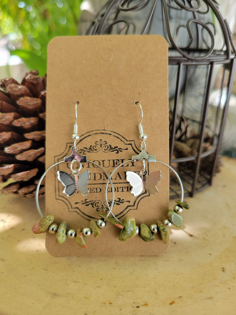 Butterfly Hoops Crystal Earrings ,Stone Earrings with Butterfly Crystal Chips Hoop Earrings , Jewelry