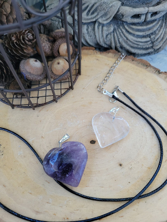 Amethyst / Clear Quartz Heart Shaped Crystal Pendant with Cord