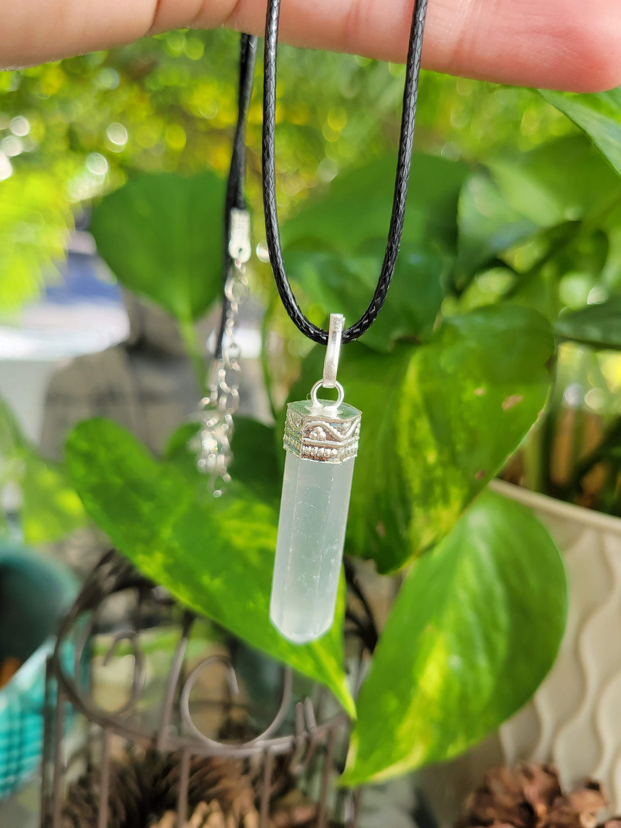Selenite single Point Pencil Pendant with Cord , Protection Jewelry, Reiki Necklace