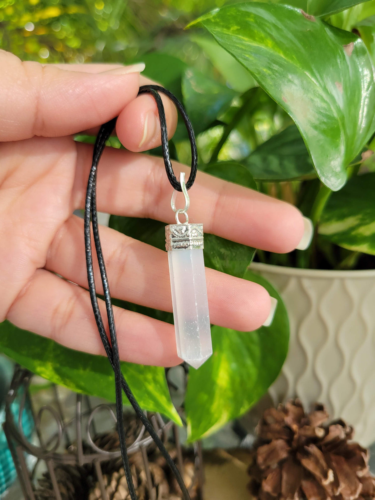 Selenite single Point Pencil Pendant with Cord , Protection Jewelry, Reiki Necklace