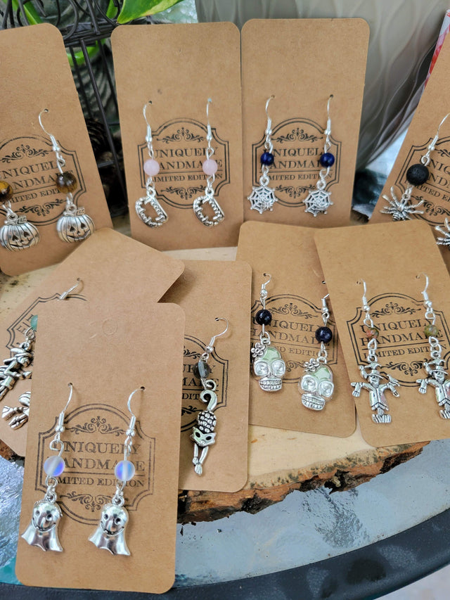 Halloween Dangle Earrings: Witch Charms, Gemstones, Hypoallergenic