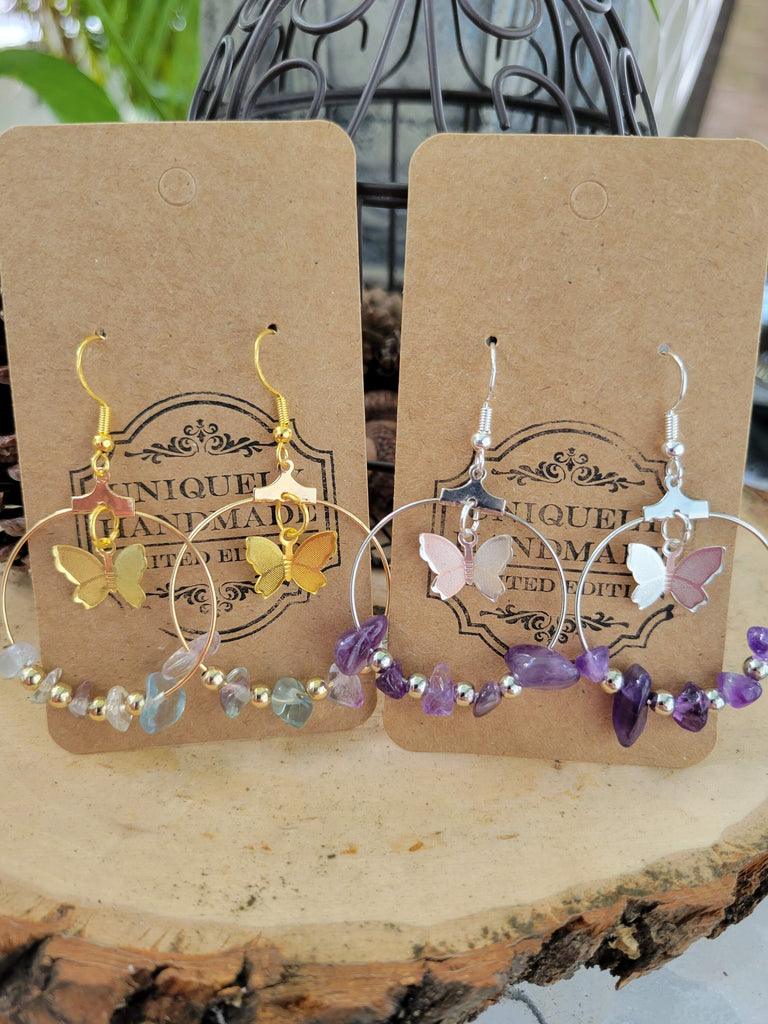 Butterfly Hoops Crystal Earrings ,Stone Earrings with Butterfly Crystal Chips Hoop Earrings , Jewelry