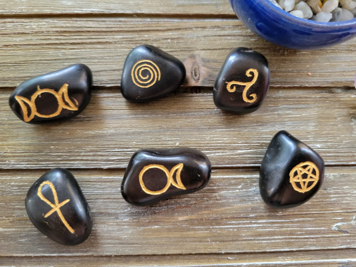 Wicca Symbols Black Agate Tumble Stones/ Witches Rune Set