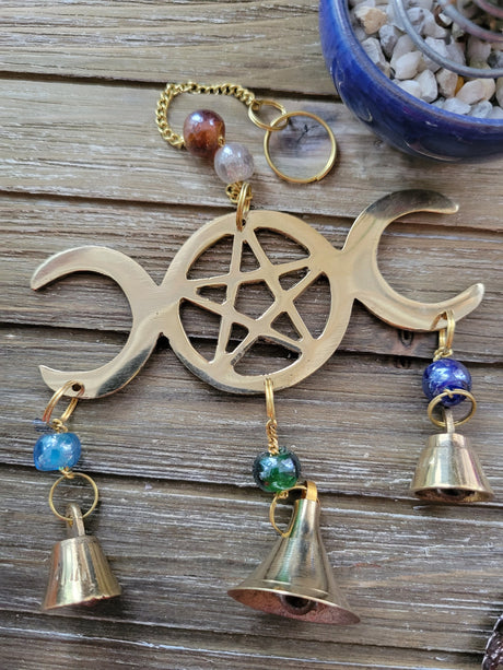 Triple Moon Pentagram Wind Chime Brass with Beads Witch Protection Bells