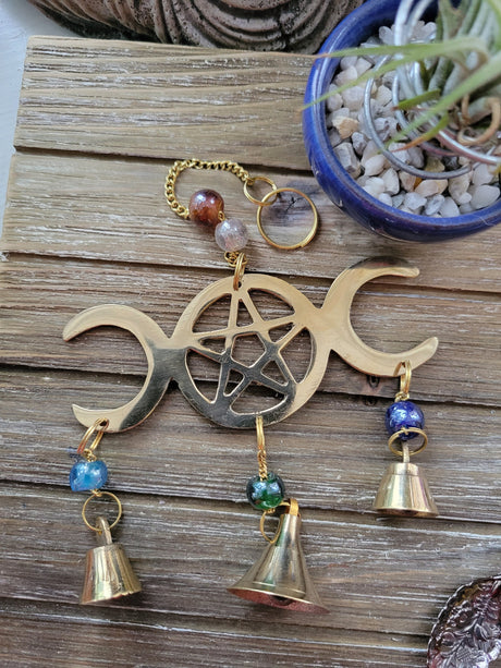 Triple Moon Pentagram Wind Chime Brass with Beads Witch Protection Bells