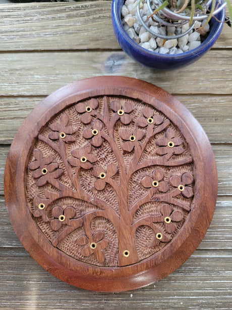 Tree of Life Carved Wood Stick Burner/ Incense Burner