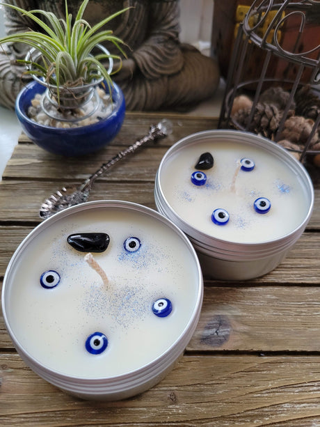 Evil Eye Protection Candle: Lavender Scented Soy Candle with Crystal - 4oz Tin