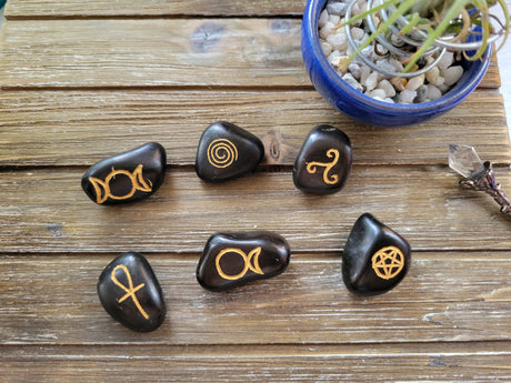 Wicca Symbols Black Agate Tumble Stones/ Witches Rune Set
