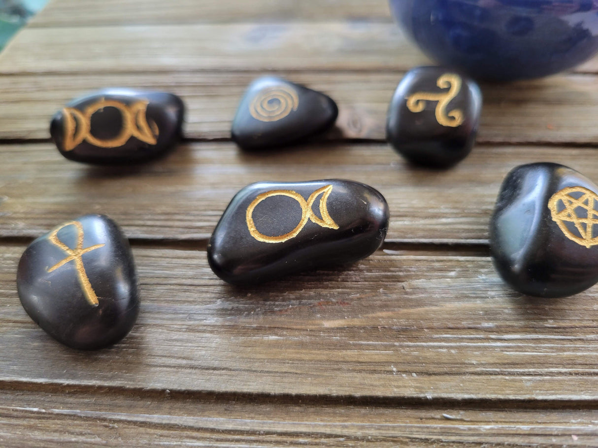 Wicca Symbols Black Agate Tumble Stones/ Witches Rune Set
