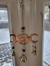 Triple Moon Pentagram Wind Chime Brass with Beads Witch Protection Bells