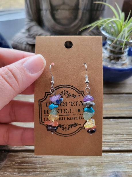 Seven Chakras Crystal Chips Earrings ,Rainbow Earrings Dangle Stacked Stone Drop Earrings