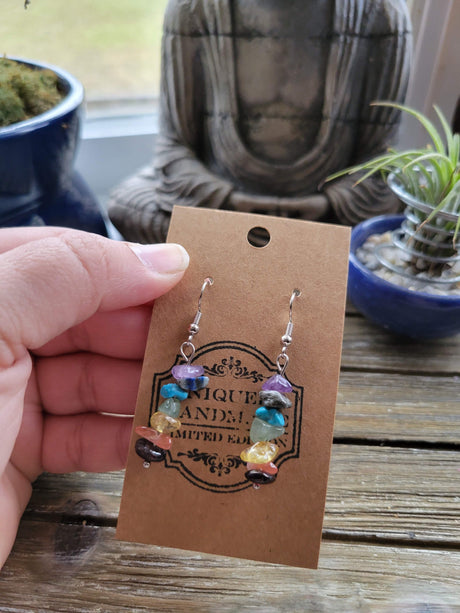 Seven Chakras Crystal Chips Earrings ,Rainbow Earrings Dangle Stacked Stone Drop Earrings