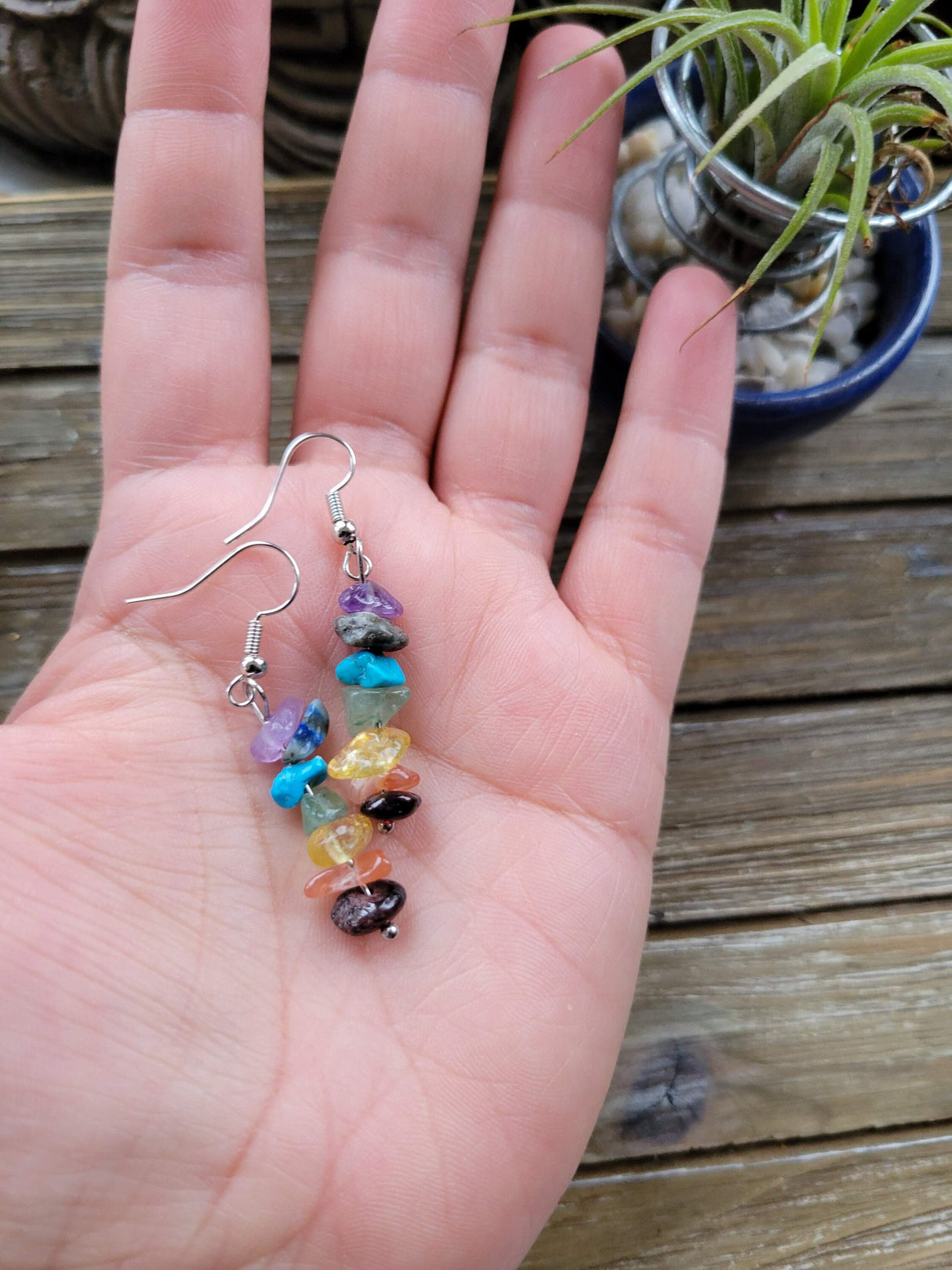 Seven Chakras Crystal Chips Earrings ,Rainbow Earrings Dangle Stacked Stone Drop Earrings