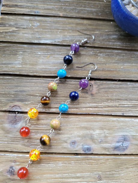 Seven Chakras Crystal Earrings: Stacked Gemstone Beads, Dangle Earrings