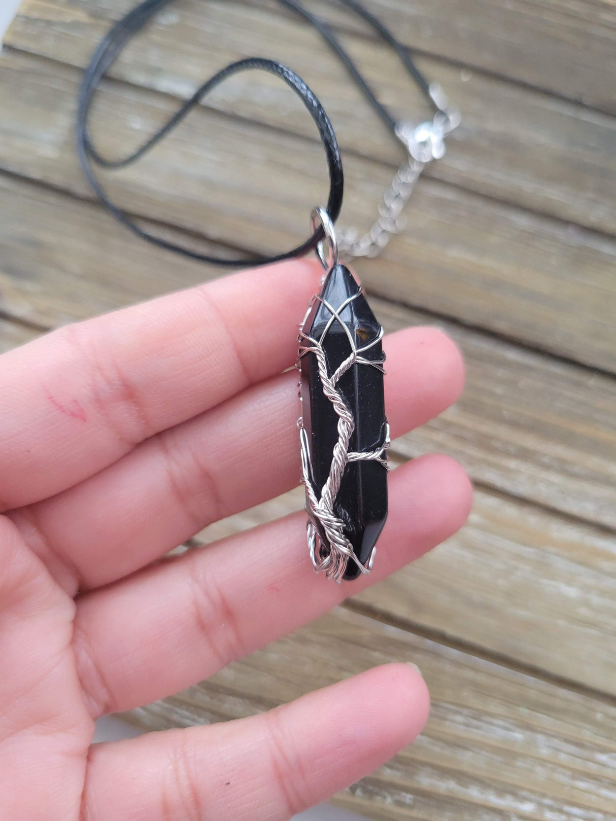 Black Agate Tree of Life Pendant: Wire Wrapped Crystal Necklace