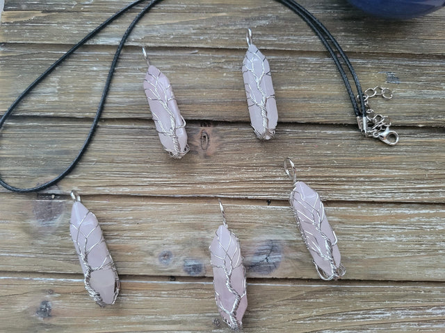 Rose Quartz Tree of Life Pendant: Brass Wire Wrapped Crystal Jewelry