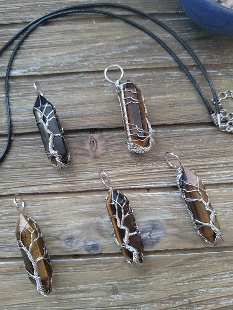 Tiger Eye Wire Wrapped Pendant: Tree of Life Crystal Jewelry