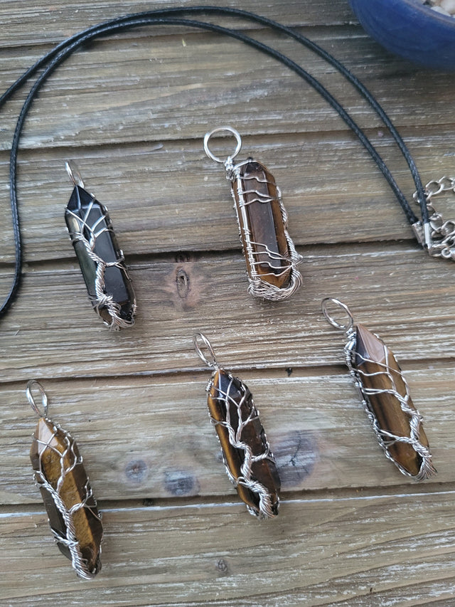 Tiger Eye Wire Wrapped Pendant: Tree of Life Crystal Jewelry